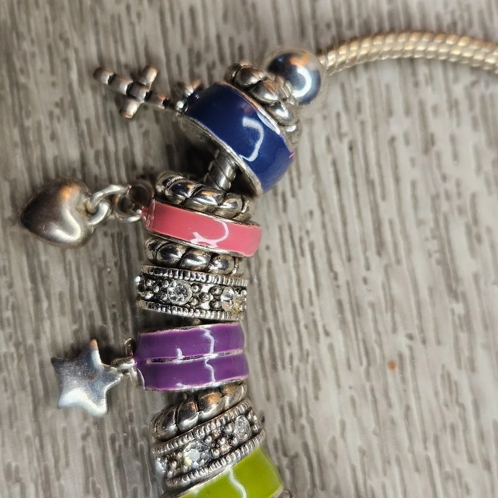Colorful enamelCharm Bead Bracelet Silver Tone Heart Cross Star 8 Inch